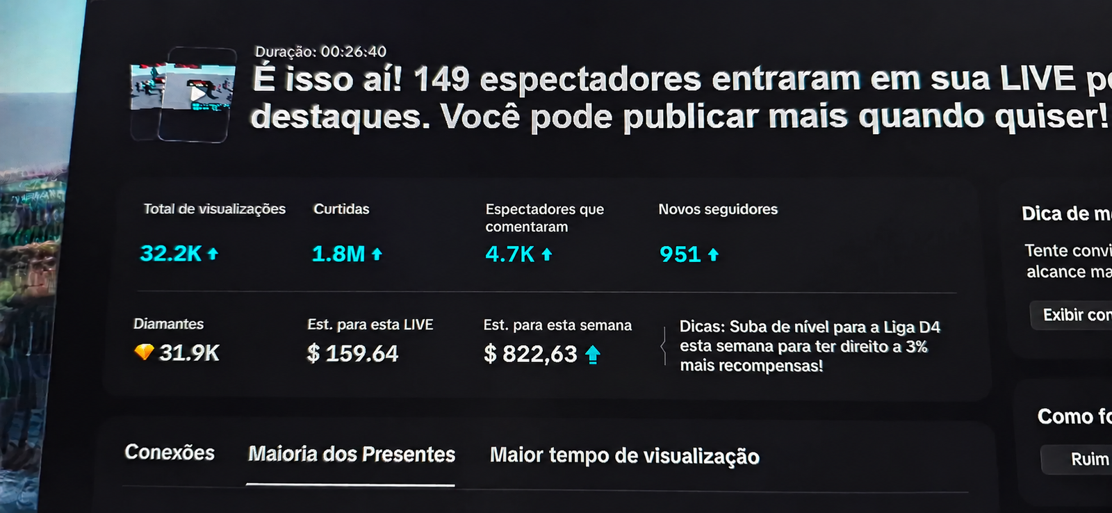 Dados de uma live de 26 minutos